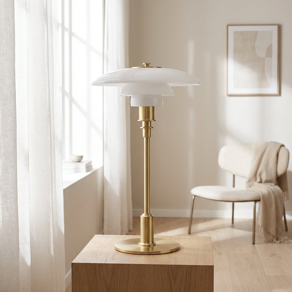 Tischlampe aus Glas & Metall | Drei Schirme | Inspiriert vom dänischen Design