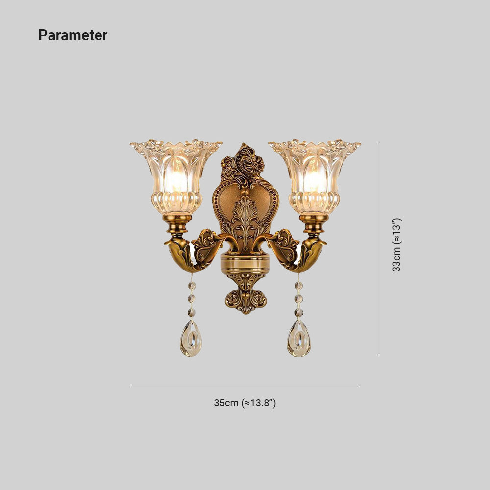 Vägglampa i Vintagestil | Blomformad Glasskärm och Kopparfärgad Metall | 1 eller 2 Ljus | LED-lampor Ingår