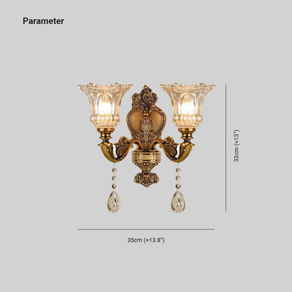 Vägglampa i Vintagestil | Blomformad Glasskärm och Kopparfärgad Metall | 1 eller 2 Ljus | LED-lampor Ingår