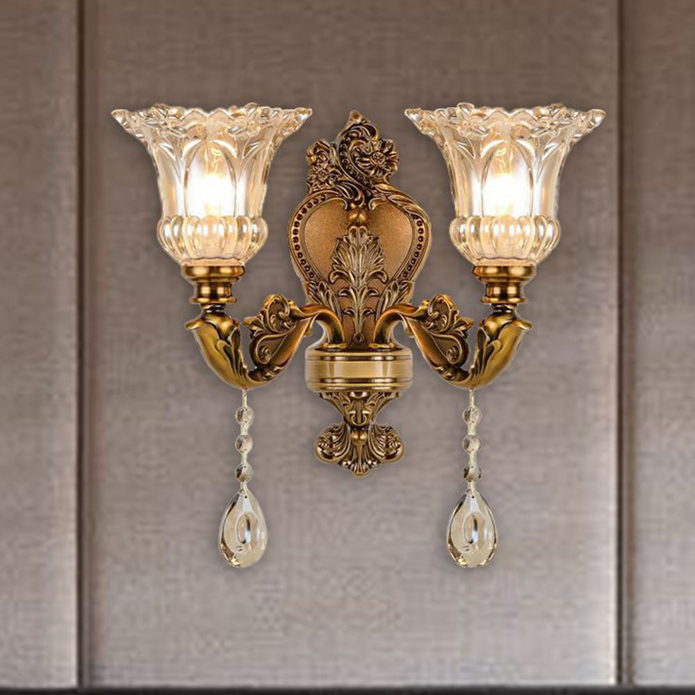 Vägglampa i Vintagestil | Blomformad Glasskärm och Kopparfärgad Metall | 1 eller 2 Ljus | LED-lampor Ingår