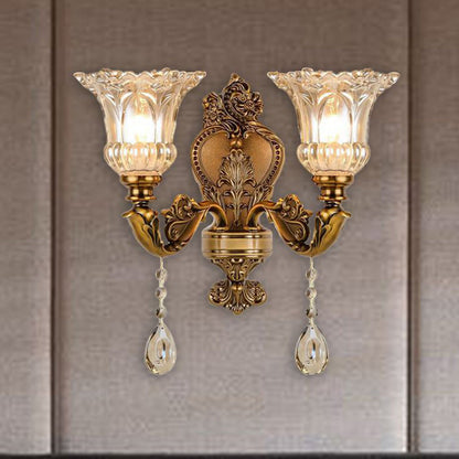 Vägglampa i Vintagestil | Blomformad Glasskärm och Kopparfärgad Metall | 1 eller 2 Ljus | LED-lampor Ingår