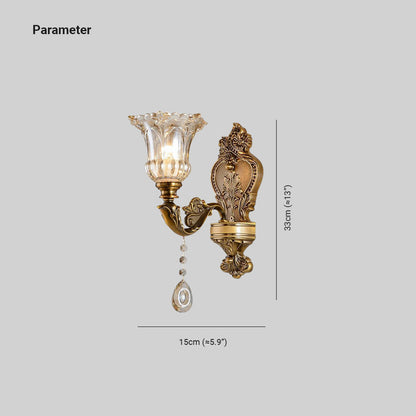 Vägglampa i Vintagestil | Blomformad Glasskärm och Kopparfärgad Metall | 1 eller 2 Ljus | LED-lampor Ingår