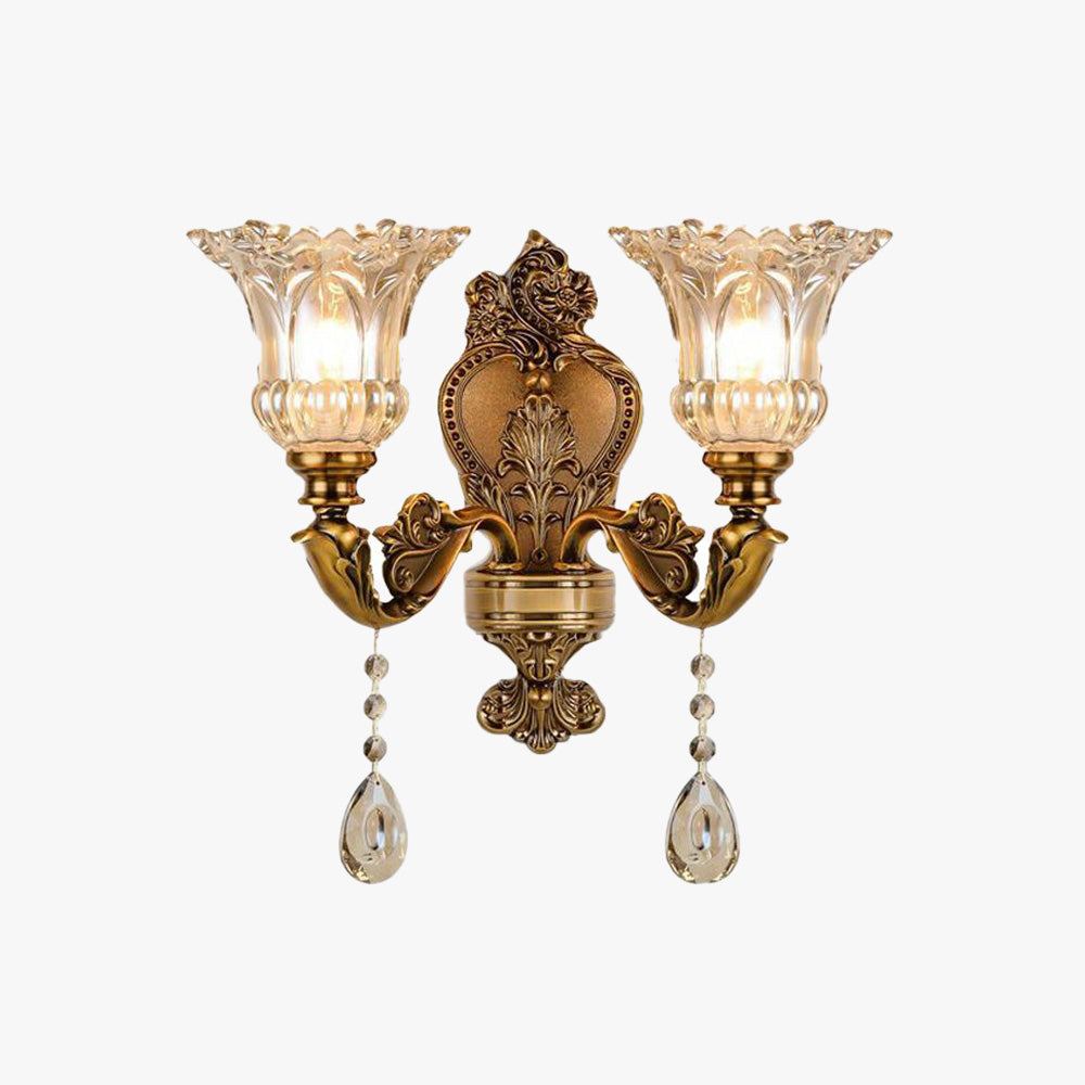 Vägglampa i Vintagestil | Blomformad Glasskärm och Kopparfärgad Metall | 1 eller 2 Ljus | LED-lampor Ingår