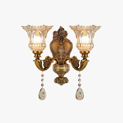 Vägglampa i Vintagestil | Blomformad Glasskärm och Kopparfärgad Metall | 1 eller 2 Ljus | LED-lampor Ingår