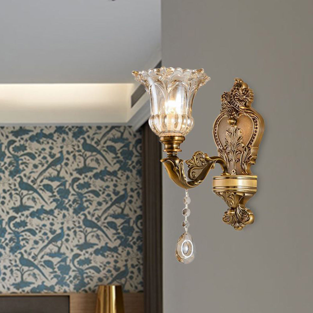 Vägglampa i Vintagestil | Blomformad Glasskärm och Kopparfärgad Metall | 1 eller 2 Ljus | LED-lampor Ingår