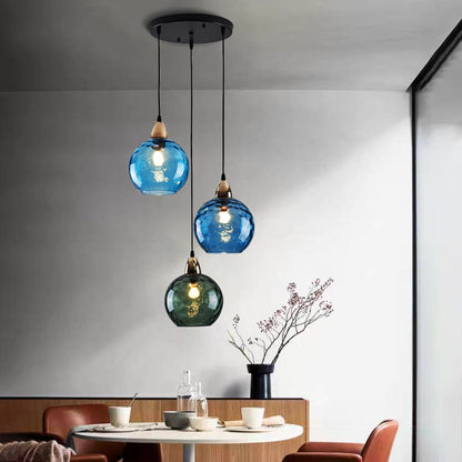 Pendellampa i Glas med Vågmönster | 3 Glasskärmar i Rosa, Grön, Grå eller Röd | Rund eller Avlång Modell | Vardagsrum och Sovrum