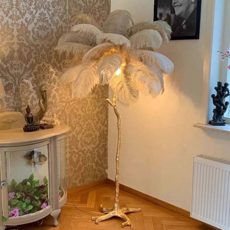 Stehleuchte und Tischleuchte mit Straußenfedern | 9 Farben | Federschirm im nordischen Luxusstil | H 80 oder 165,1 cm
