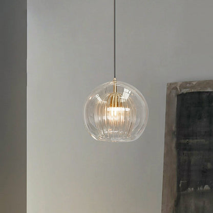 Pendellampa Glaskula | Räfflat Glas i Klart eller Bärnsten | Varmvit LED | Ø 15–24,9 cm