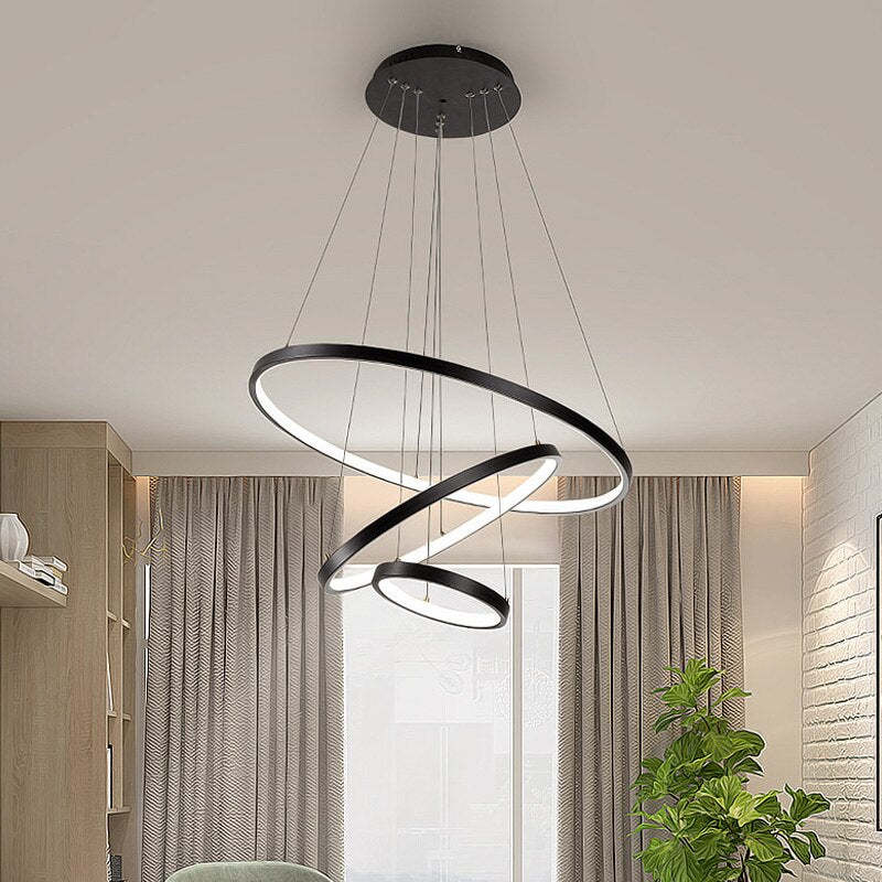 Pendelleuchte LED mit 3 Ringen aus Metall und Glas | Schwarz, Weiß oder Gold | Ø 20–80 cm | Fernbedienung