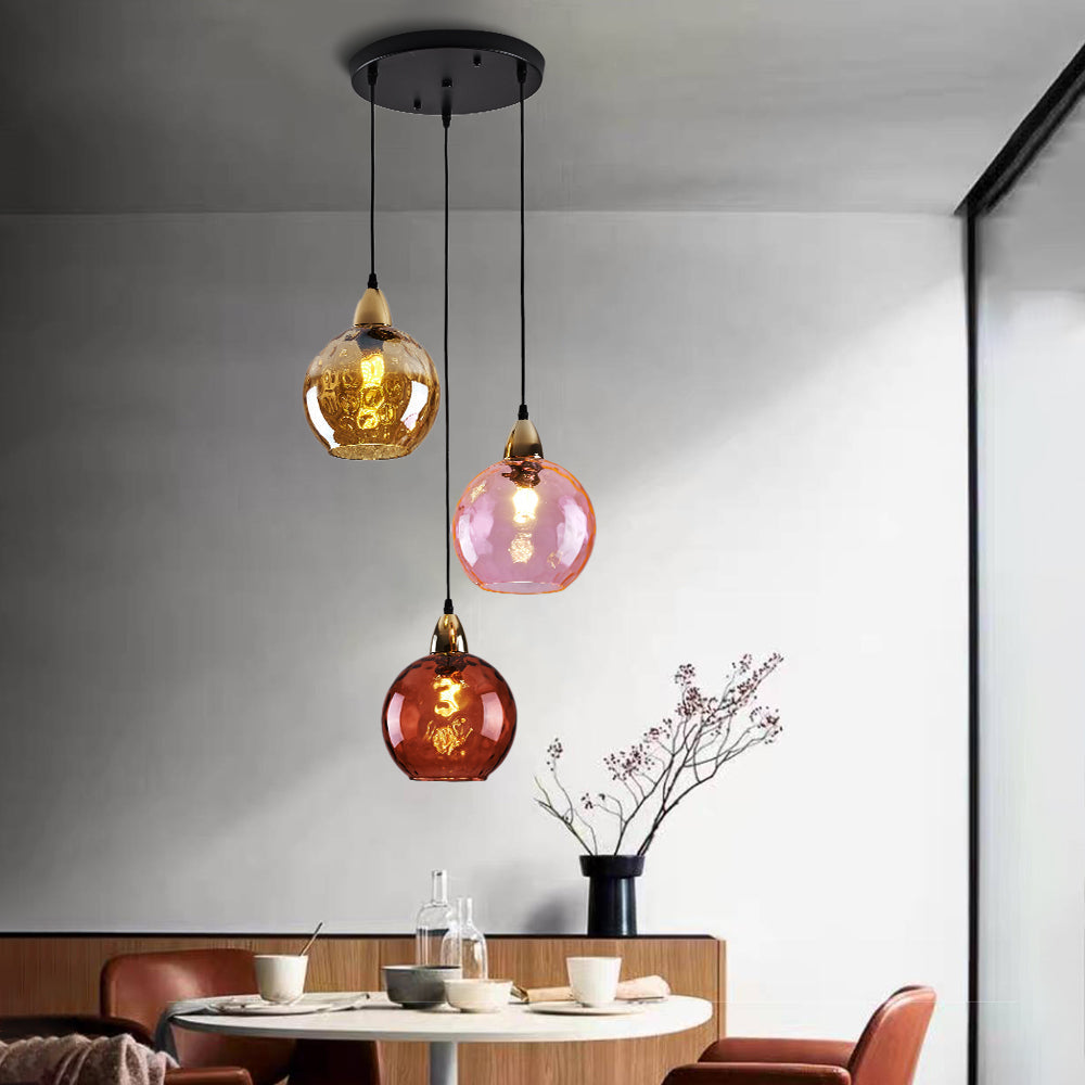 Pendellampa i Glas med Vågmönster | 3 Glasskärmar i Rosa, Grön, Grå eller Röd | Rund eller Avlång Modell | Vardagsrum och Sovrum