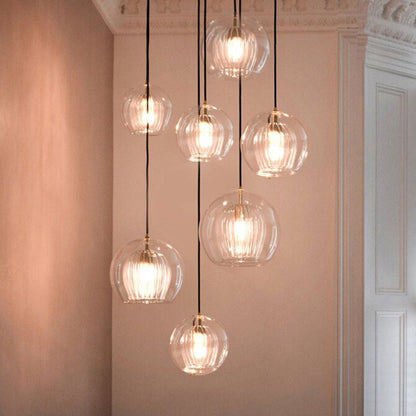 Pendellampa Glaskula | Räfflat Glas i Klart eller Bärnsten | Varmvit LED | Ø 15–24,9 cm