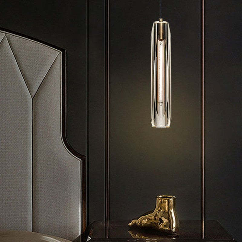 Pendellampa i Glas och Mässing | Smal Vasform | Klar eller Grå Glasskärm | E14 för Matbord och Sovrum