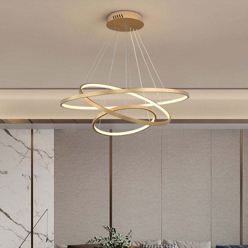Pendelleuchte LED mit 3 Ringen aus Metall und Glas | Schwarz, Weiß oder Gold | Ø 20–80 cm | Fernbedienung