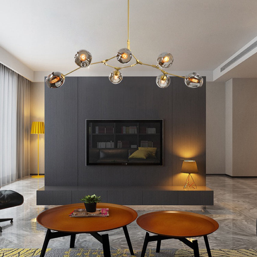 Pendelleuchte mit Glaskugeln | Schwarzes oder Goldenes Gestell | 5–9 Lichter | Klares, Rauch- oder Farbiges Glas