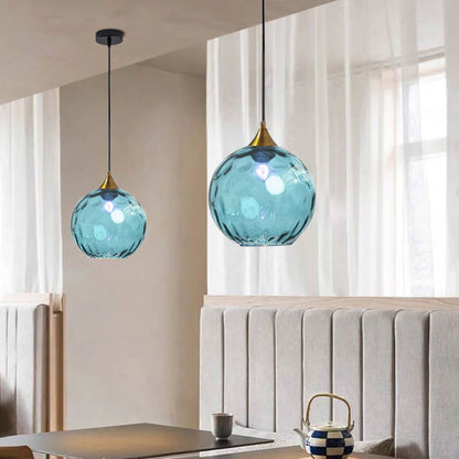 Pendelleuchte Glaskugel | Glas mit Wasserwellen in 10 Farben | Deckenabdeckung in Schwarz oder Gold | Wohnzimmer