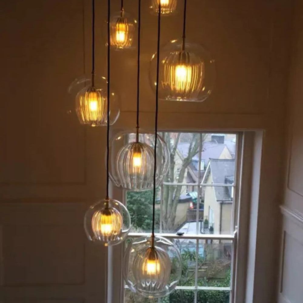 Pendellampa Glaskula | Räfflat Glas i Klart eller Bärnsten | Varmvit LED | Ø 15–24,9 cm