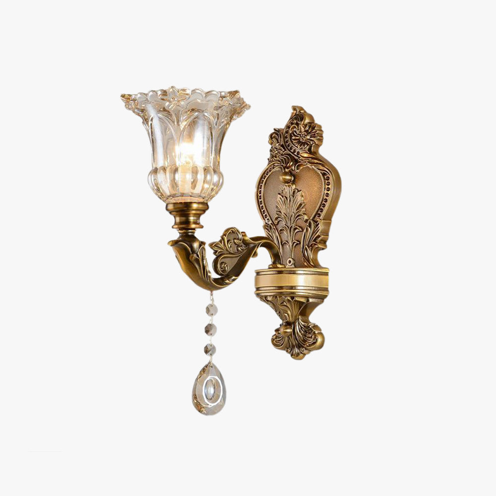 Vägglampa i Vintagestil | Blomformad Glasskärm och Kopparfärgad Metall | 1 eller 2 Ljus | LED-lampor Ingår