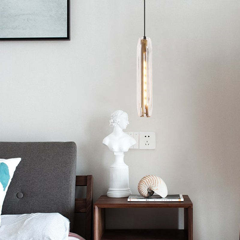 Pendellampa i Glas och Mässing | Smal Vasform | Klar eller Grå Glasskärm | E14 för Matbord och Sovrum