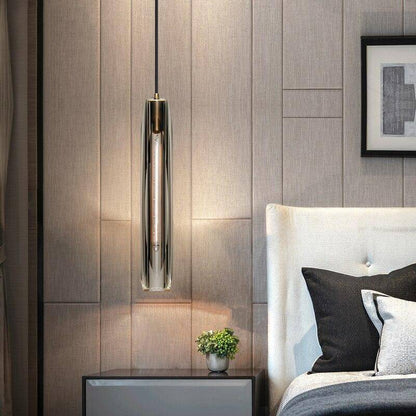 Pendellampa i Glas och Mässing | Smal Vasform | Klar eller Grå Glasskärm | E14 för Matbord och Sovrum