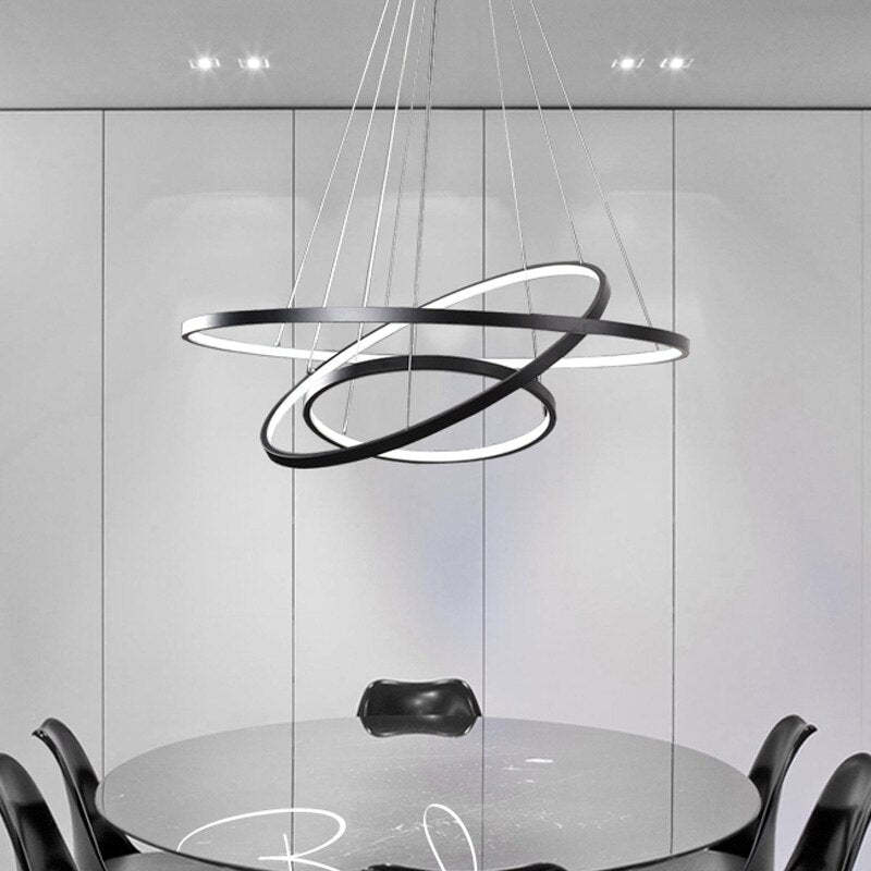 Pendelleuchte LED mit 3 Ringen aus Metall und Glas | Schwarz, Weiß oder Gold | Ø 20–80 cm | Fernbedienung