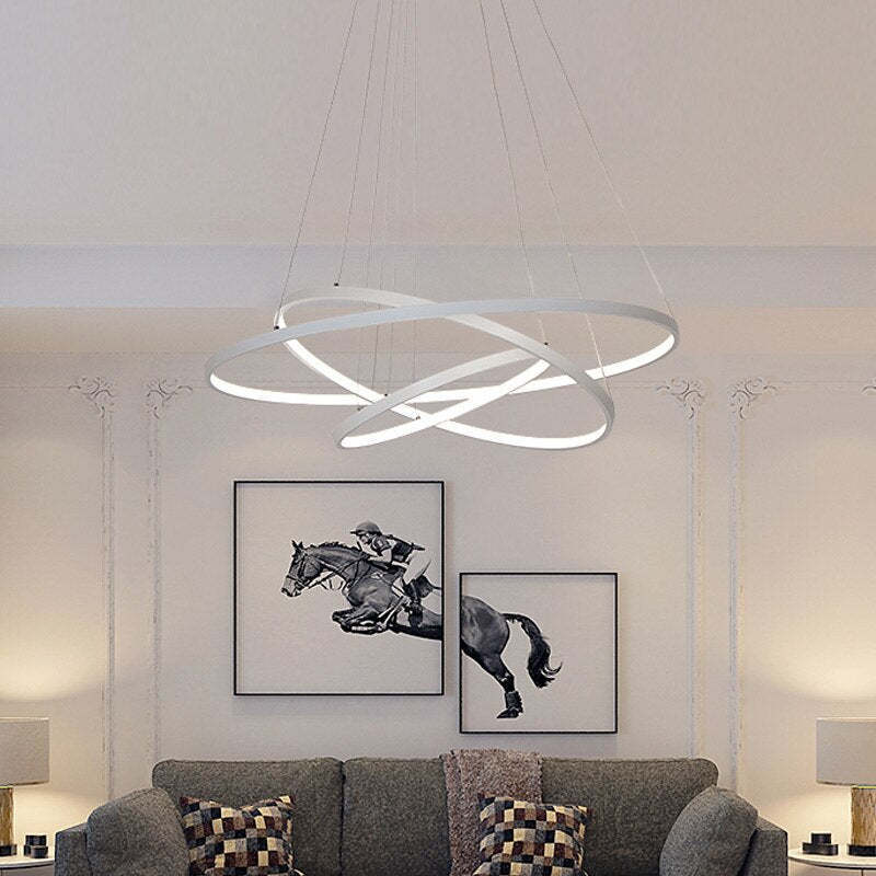 Pendelleuchte LED mit 3 Ringen aus Metall und Glas | Schwarz, Weiß oder Gold | Ø 20–80 cm | Fernbedienung