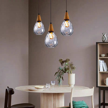 Pendellampa Vintage i Glas och Trä | Droppform | Klar, Bärnsten eller Rökgrå Glas | Två Storlekar
