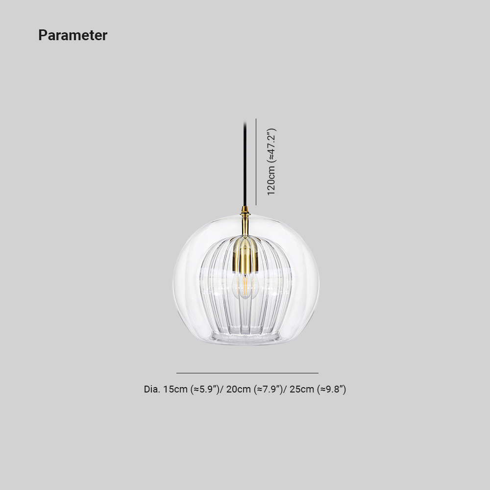 Pendellampa Glaskula | Räfflat Glas i Klart eller Bärnsten | Varmvit LED | Ø 15–24,9 cm