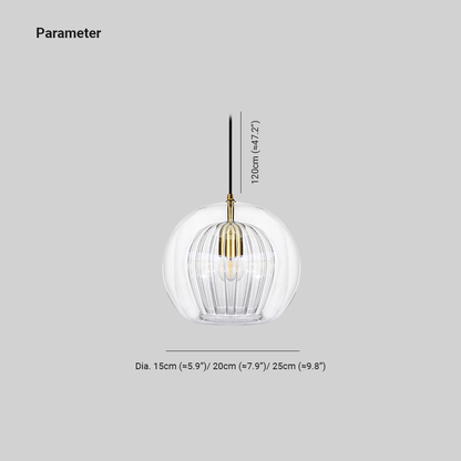 Pendellampa Glaskula | Räfflat Glas i Klart eller Bärnsten | Varmvit LED | Ø 15–24,9 cm