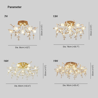 Taklampa Art Deco | Blomform i Guld, Metall och Glas | 7–19 Lampor | LED med 3 Ljusfärger