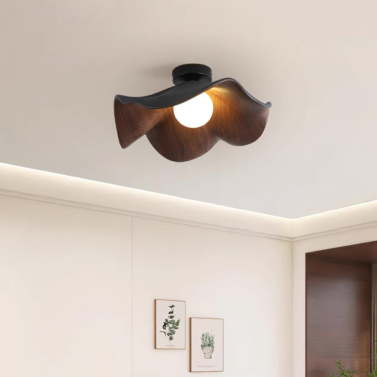 Deckenleuchte aus Metall und Kunstharz | Weiß und Holzfarbe oder Schwarz und Walnussfarbe | G9 | Ø 28–40 cm