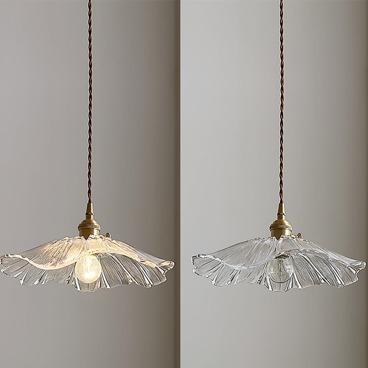 Pendelleuchte aus Glas | Blütenförmiger Schirm mit Messingdetails | Klar, Rosa oder Grün | Esstisch und Wohnzimmer