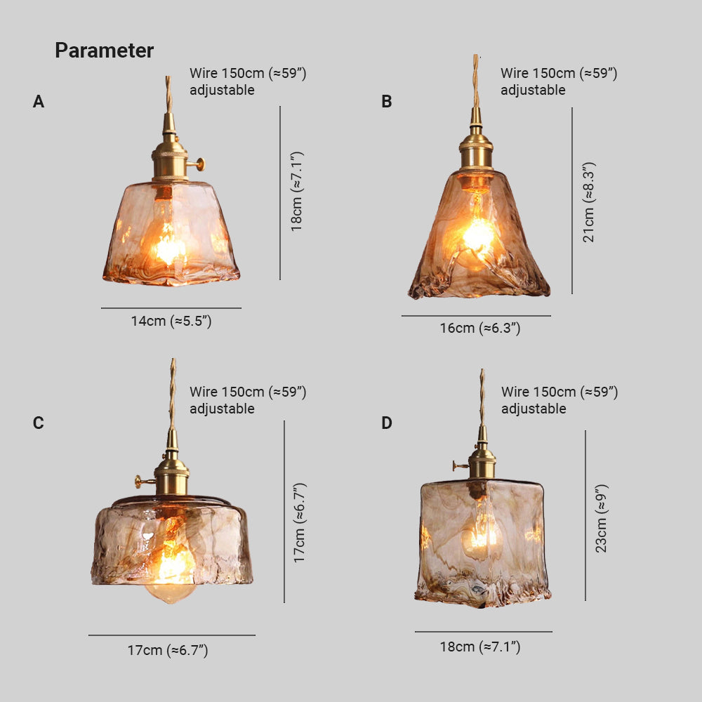 Pendellampa Industriell i Glas och Metall | Mässingsfärgad Vintagestil | 4 Former | LED-lampa Ingår