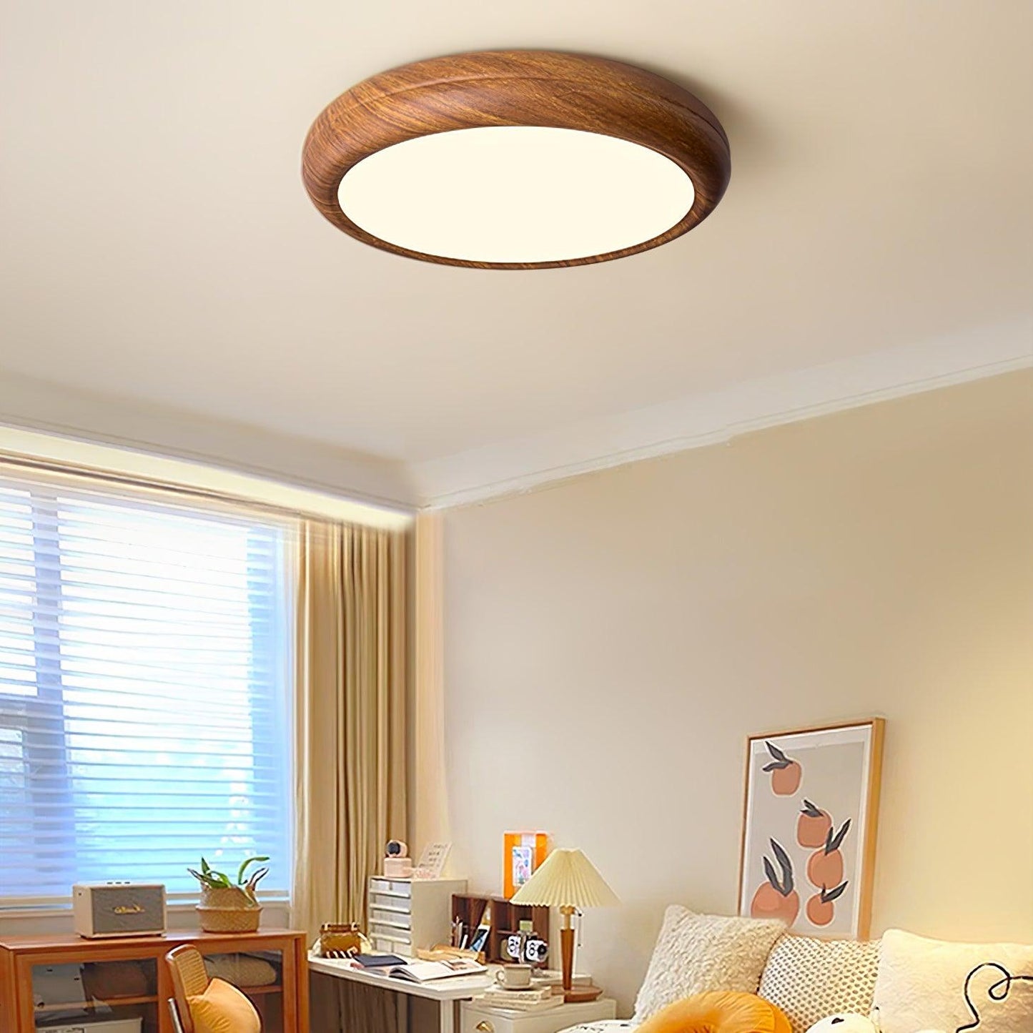 Taklampa i trädekor med akrylskärm | dimbar LED 18–36 W | Ø 28–48 cm | valnöt eller vit ek
