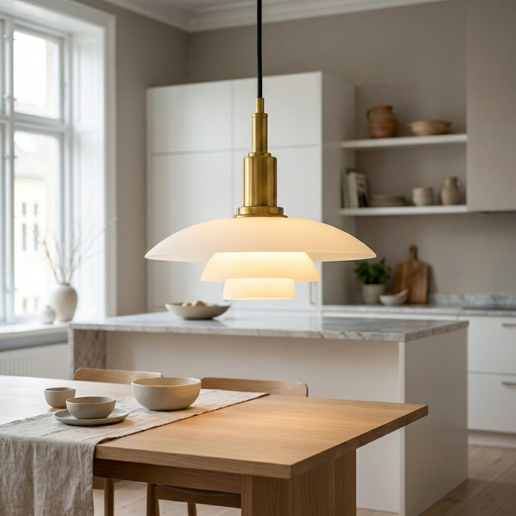 Pendellampa i Glas och Metall | Tre Skärmar | Skandinavisk Klassisk Design