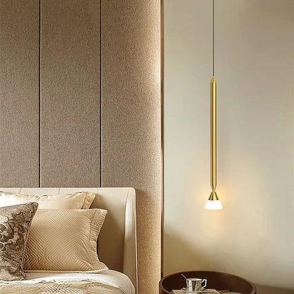 Pendelleuchte aus Metall mit langem, schmalem Stab | Minimalistische Deckenleuchte für Schlafzimmer und Couchtisch