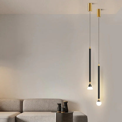 Pendelleuchte aus Metall mit langem, schmalem Stab | Minimalistische Deckenleuchte für Schlafzimmer und Couchtisch