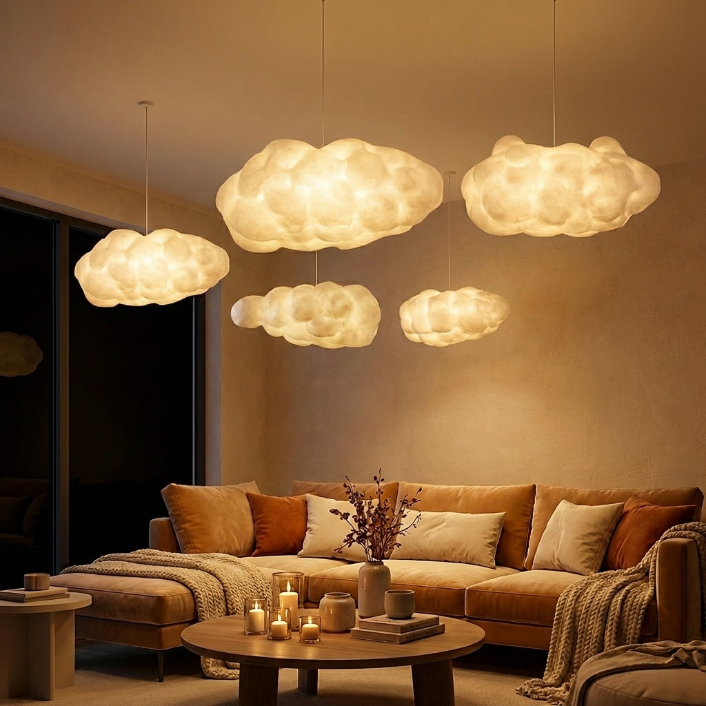 Pendellampa i Syntetisk Bomull | Molnform | LED med Varmt Ljus