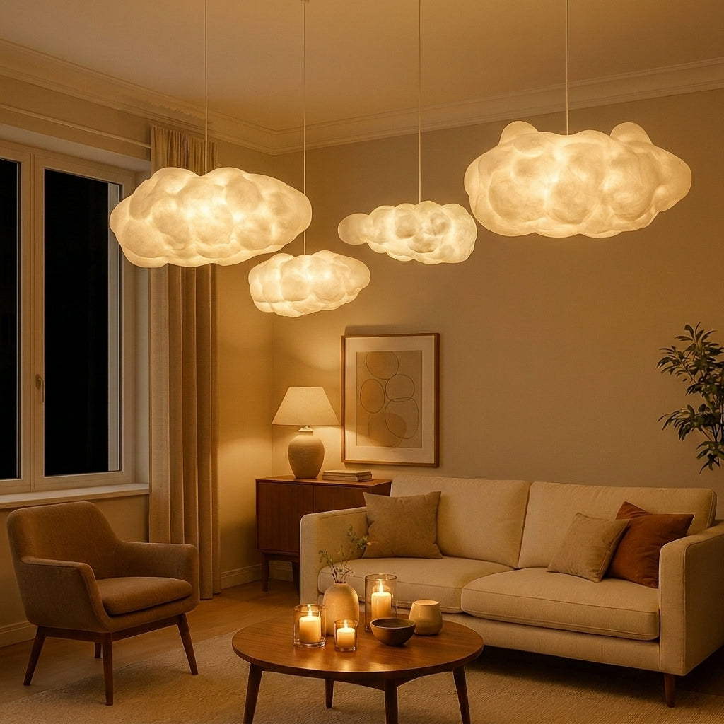 Pendellampa i Syntetisk Bomull | Molnform | LED med Varmt Ljus