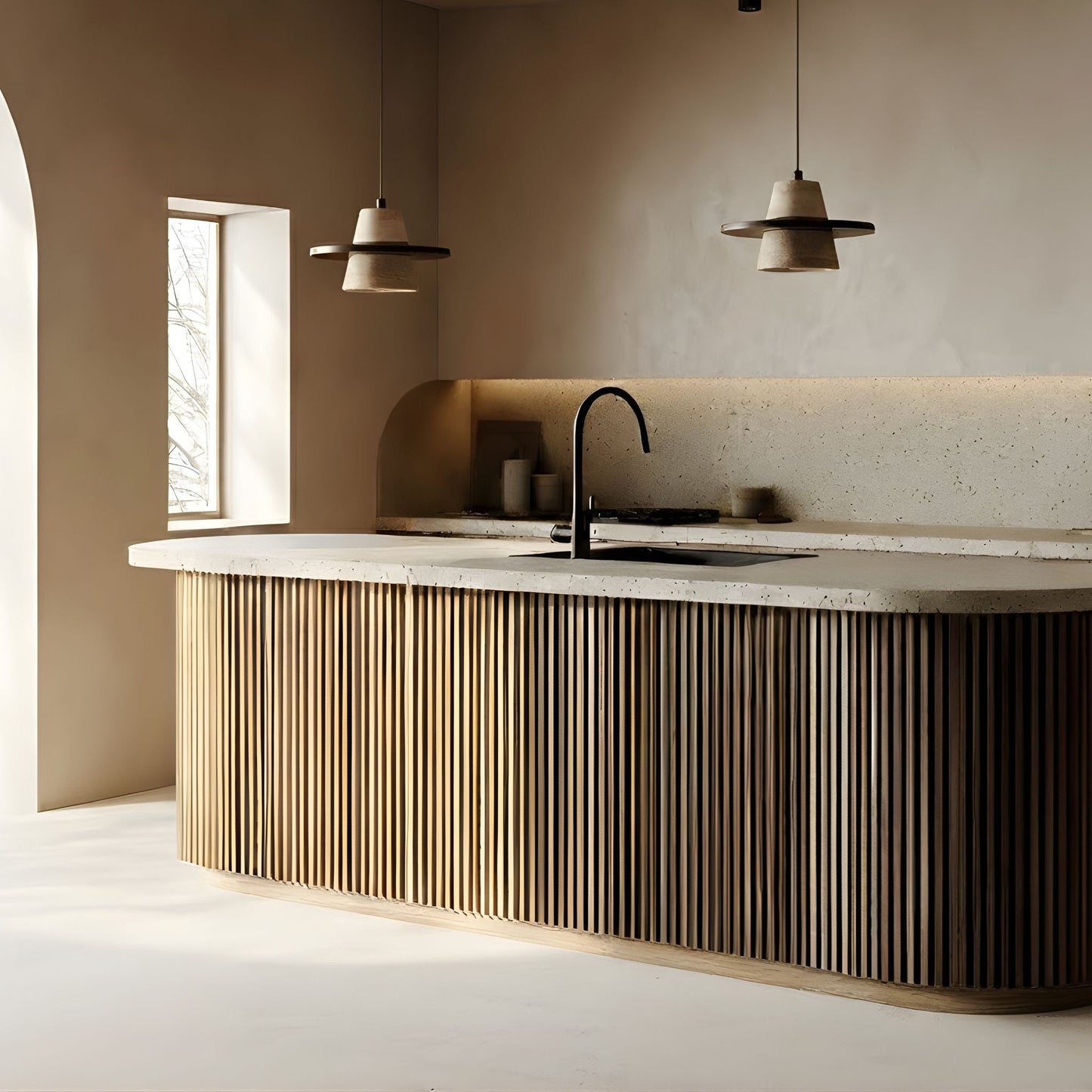 Pendellampa i Travertin och Trä | Bred Skärm | Wabi-sabi-design