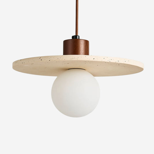 Pendellampa i Travertin och Trä | Sfärisk Glasskärm | Wabi-Sabi-design