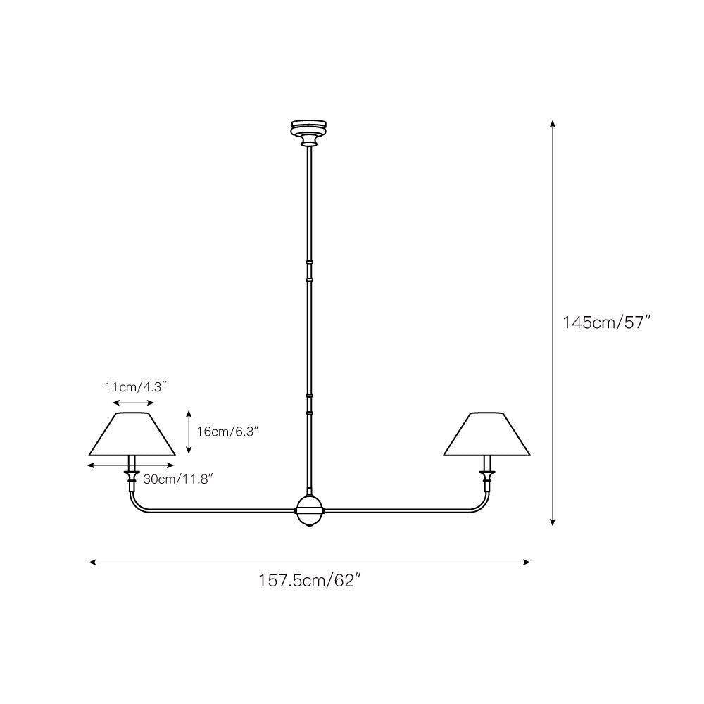 Ljuskrona Linjär med 2 Tygskärmar | Antik Mässing, Svart eller Vit Metall | L 157,5 cm | LED-lampor Ingår