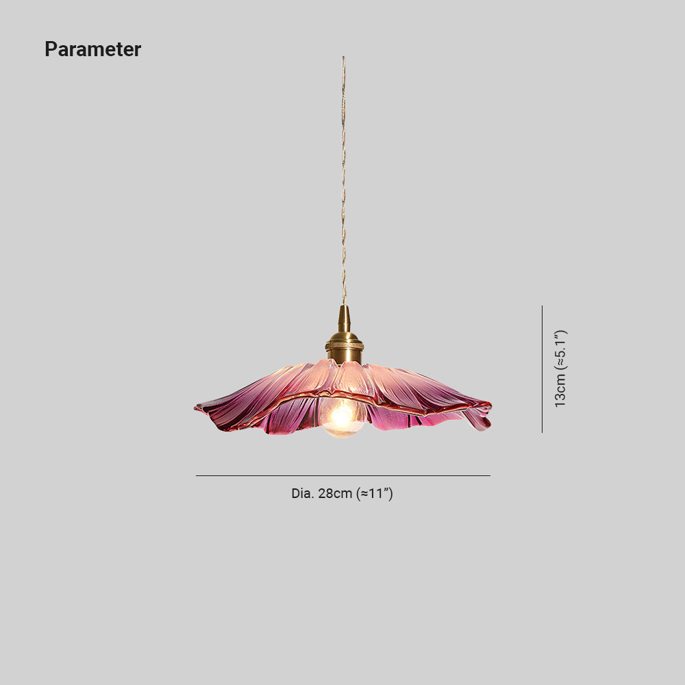 Pendelleuchte aus Glas | Blütenförmiger Schirm mit Messingdetails | Klar, Rosa oder Grün | Esstisch und Wohnzimmer