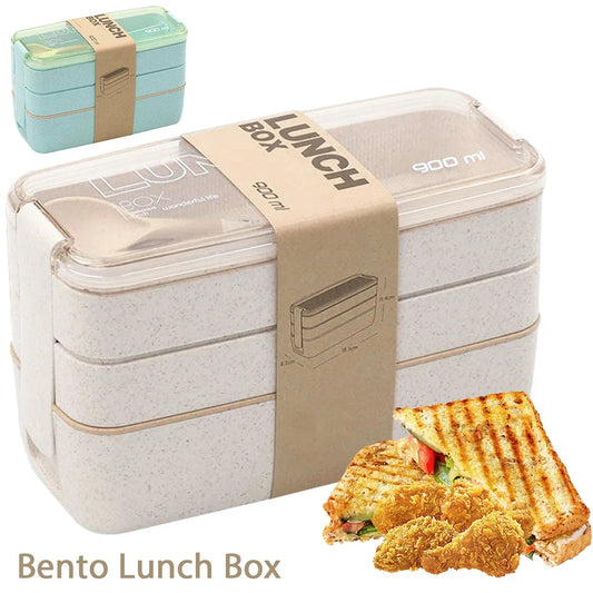 Matlåda i Vetehalm 900 ml | 3 Våningar Stapelbar Lunchlåda | Läckagesäker | Med Bestick