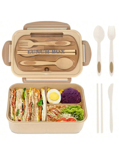 Matlåda 1200 ml med 4 Fack | Läckagesäker Bento Lunchlåda | Mikrovågssäker | Med Bestick & Såsburk