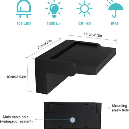 LED-Außenwandleuchte 24 W mit Bewegungssensor | 1500 lm, leistungsstark | Wasserdicht IP65 | Schwarzes Aluminium