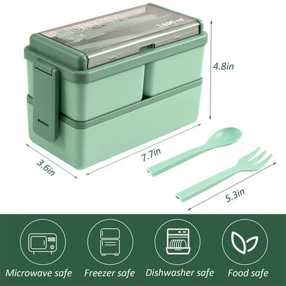 Matlåda 1400 ml i Två Lager | Läckagesäker Bento Lunchlåda | Mikrovågssäker | Med Bestick