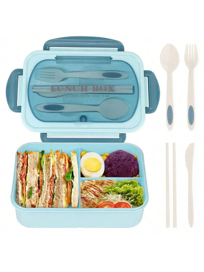 Matlåda 1200 ml med 4 Fack | Läckagesäker Bento Lunchlåda | Mikrovågssäker | Med Bestick & Såsburk