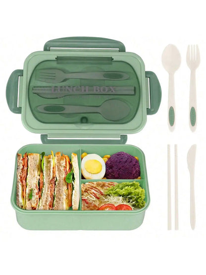 Matlåda 1200 ml med 4 Fack | Läckagesäker Bento Lunchlåda | Mikrovågssäker | Med Bestick & Såsburk