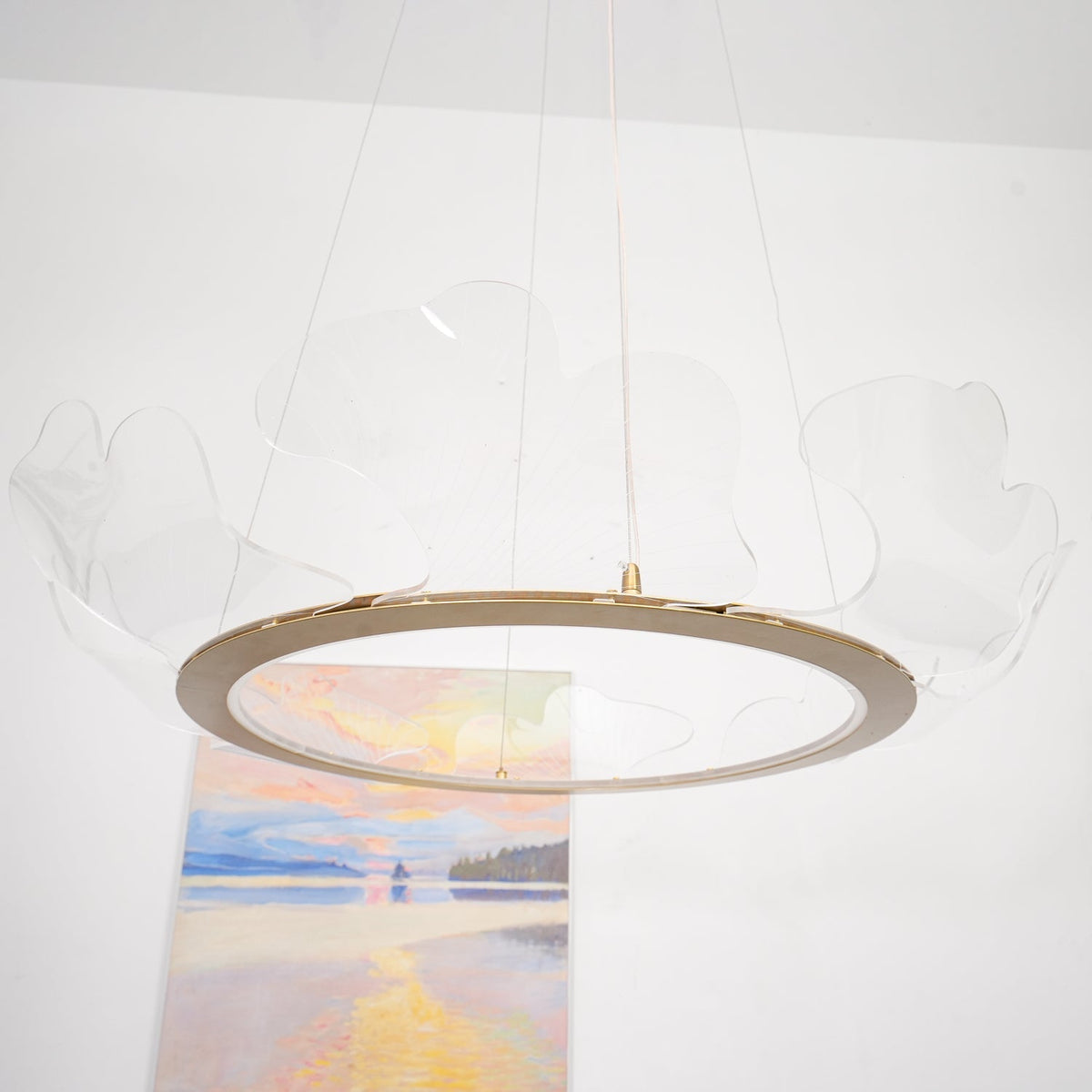 Pendellampa LED Rund i Akryl | Guld eller Silver med Klar Akryl | Varmvit eller Dimbar | Ø 68–108 cm