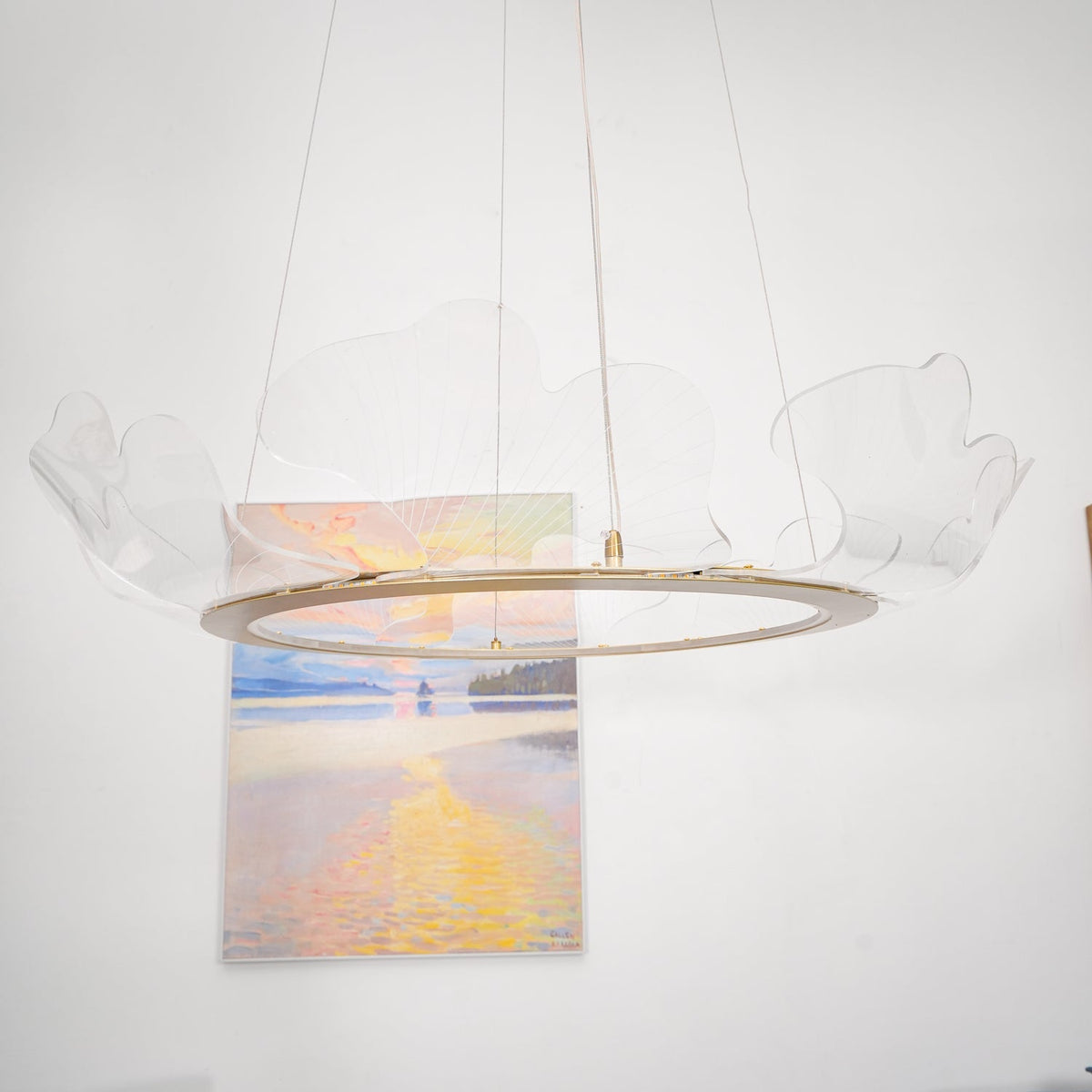 Pendellampa LED Rund i Akryl | Guld eller Silver med Klar Akryl | Varmvit eller Dimbar | Ø 68–108 cm